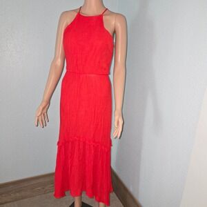 Lush Red Halter Neck‎ Midi Dress Sleeveless Keyhole Back Ruffle Hem Womens Small